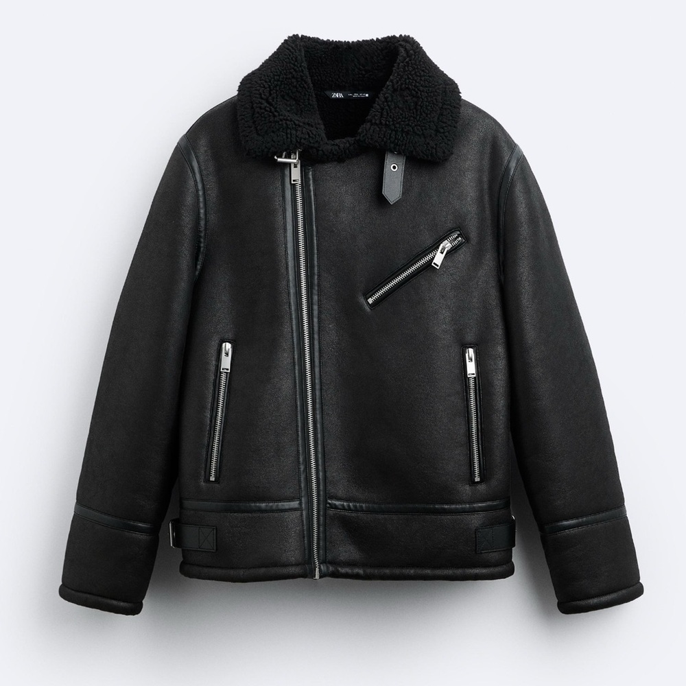 Rare New Double Faced Sherpa Lined Fleece Biker Jacket Zara Men Size XL Black